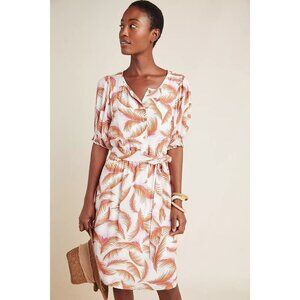 Anthropologie Size SP Nicole Puff Sleeved Shirtdress Linen Feather Print Belted